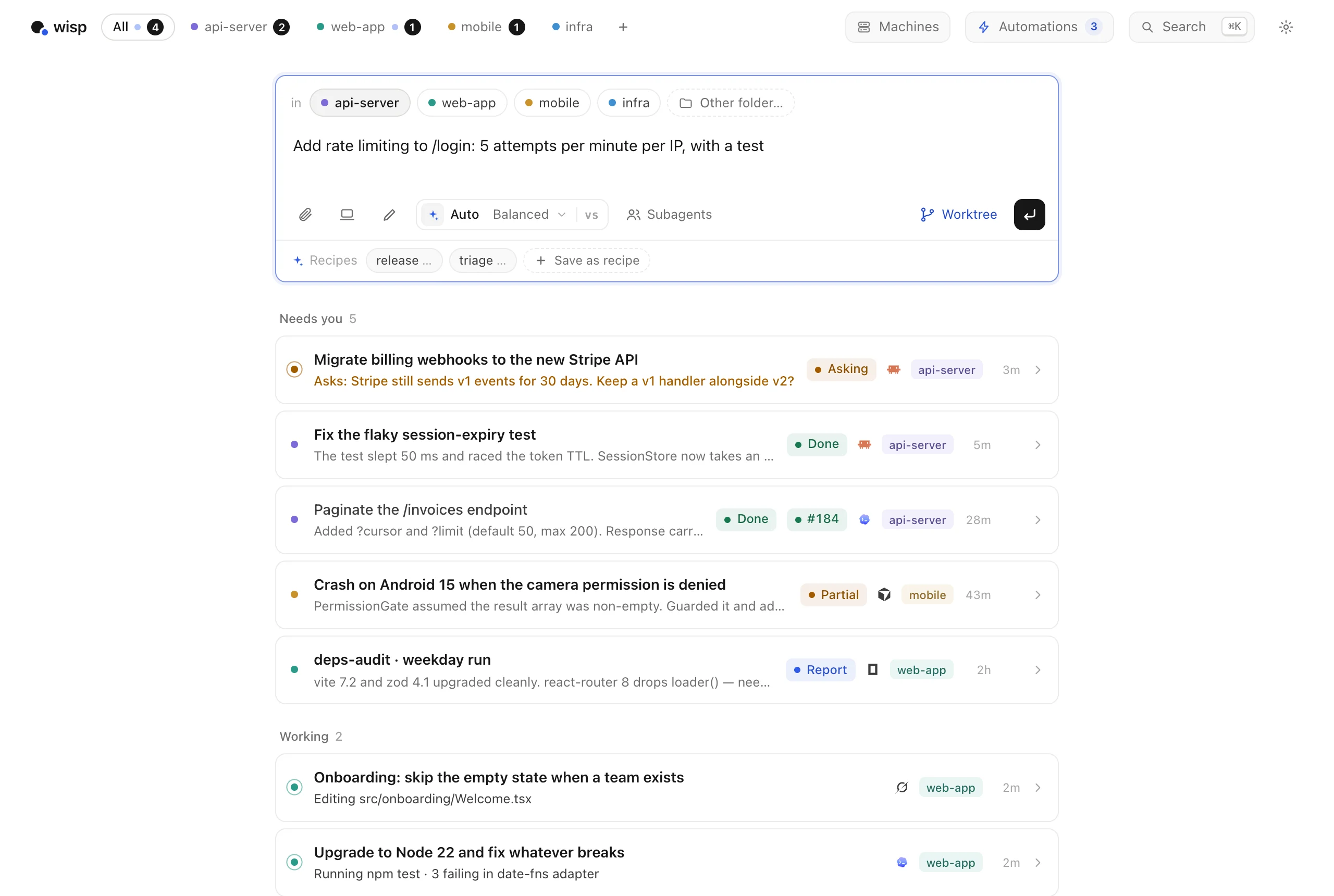 wisp: tasks running and waiting for you