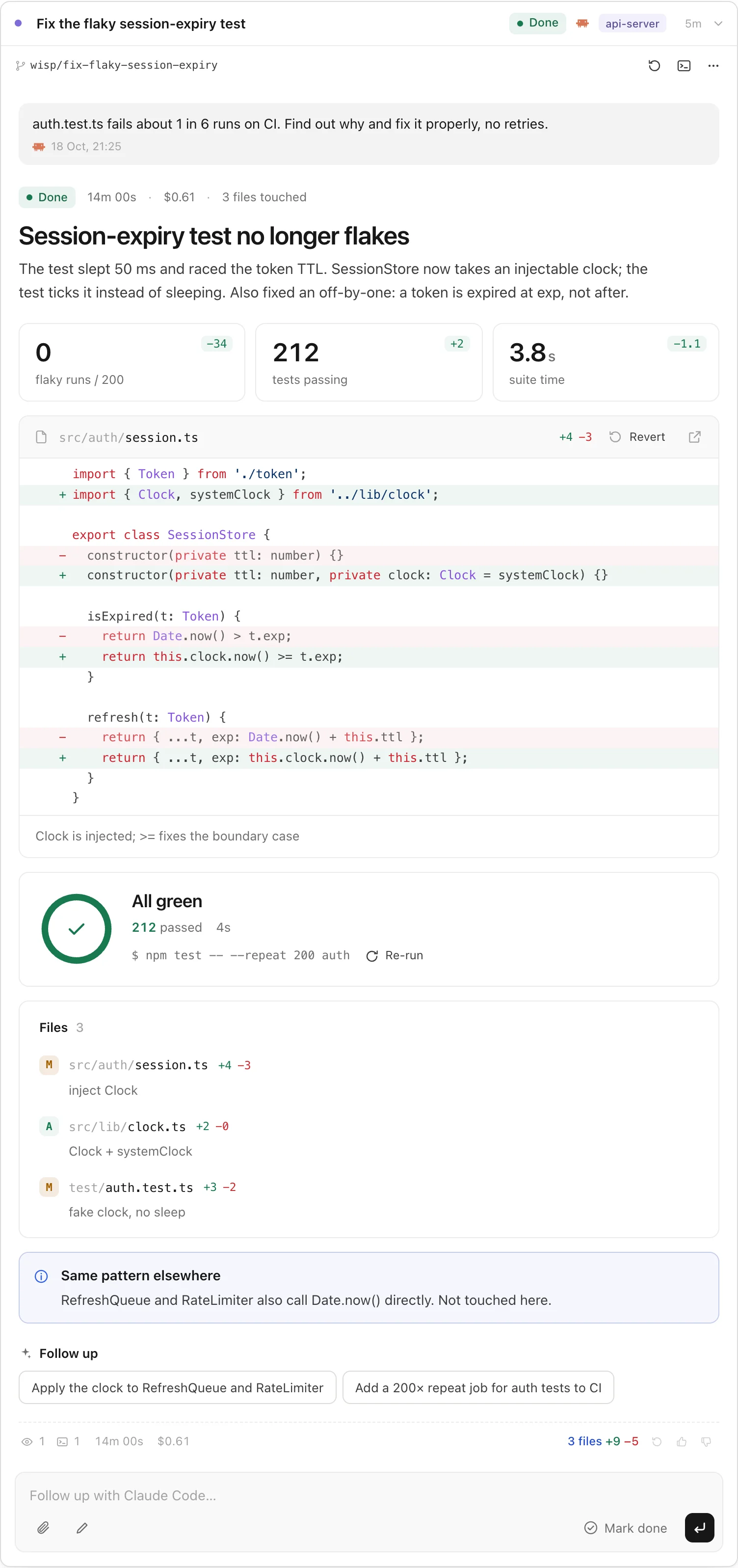 A wisp report: what changed, the diff, the tests